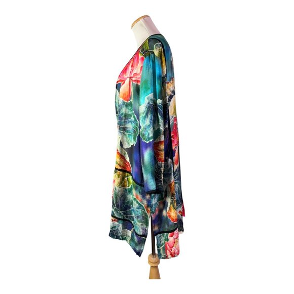 Ali Miles Size L Open-Front Kimono Jacket Water Lillies Print Colorful - Picture 4 of 8